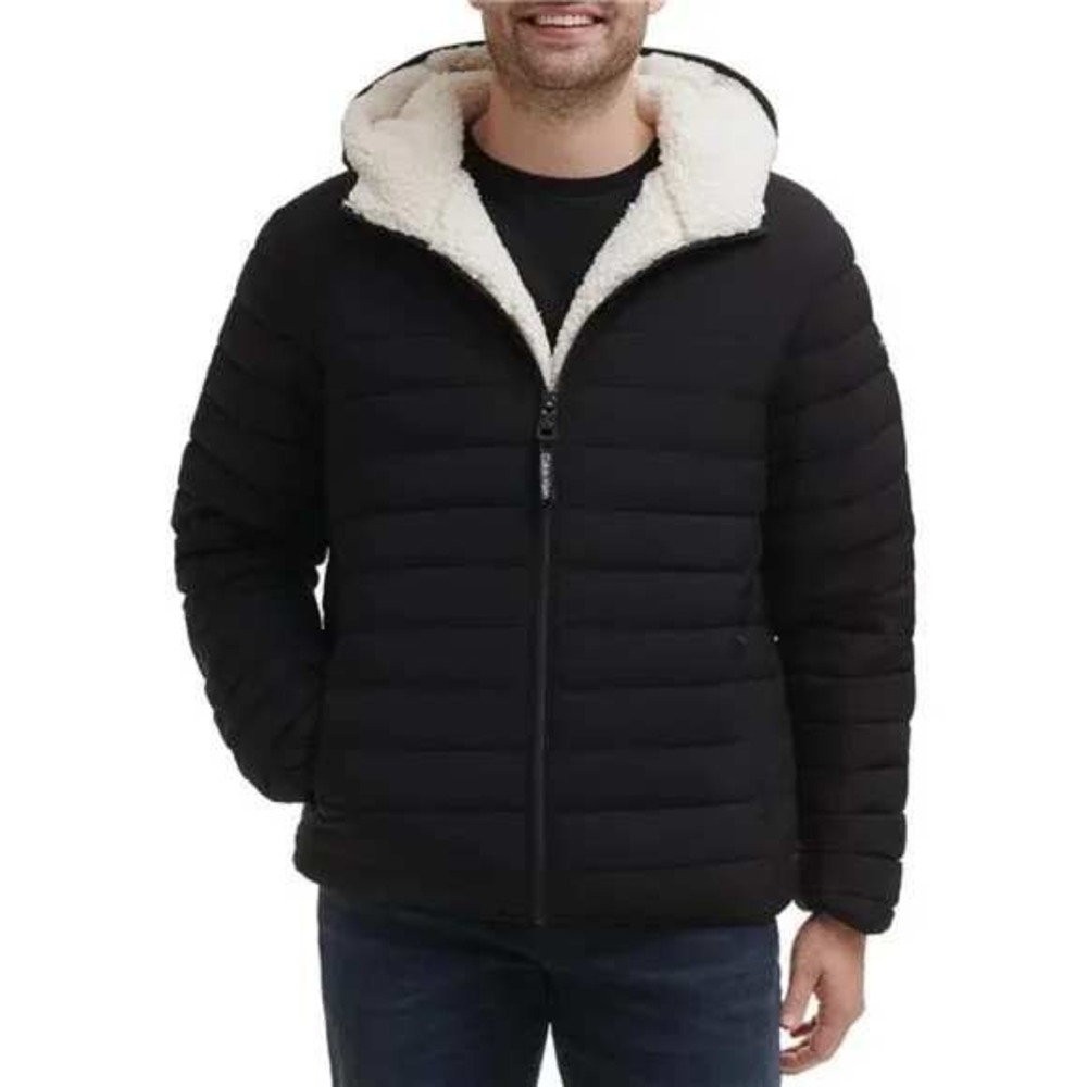 Calvin Klein Mens Black Sherpa Lined Hooded Puffer Jacket Size Med